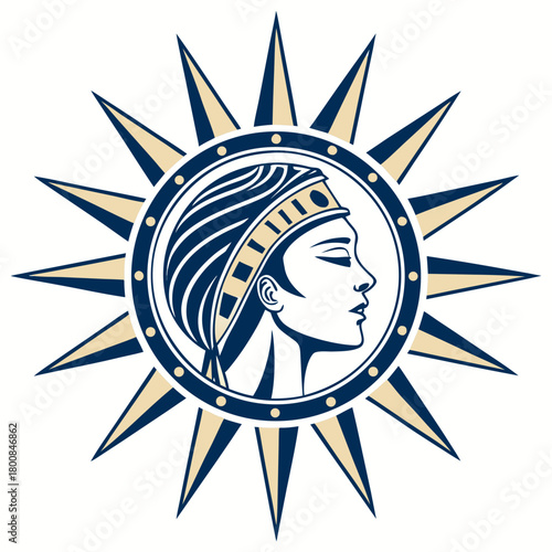 Elegant emblem of an egyptian woman with a sunburst isolated on