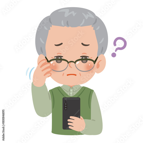 老眼でスマートフォンが見えにくいシニア男性　上半身イラスト／Senior Man with Presbyopia Looking at Phone　upper body illustration
