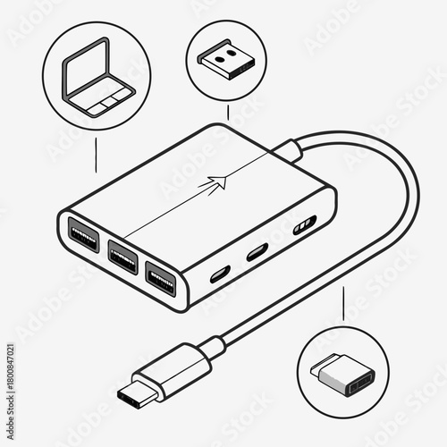 Isometric usbc hub with various ports isolated on