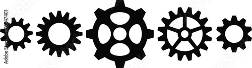 Collection of five black gear wheel icons symbolizing mechanics, settings, process, and industry