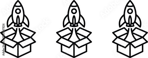 Startup launch concept: rockets emerging from open boxes, new ideas, innovation, creativity.