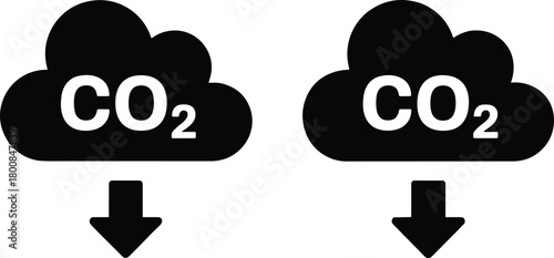Carbon dioxide emission or capture icon with downward arrow, symbolizing environmental impact