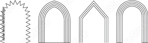 Abstract geometric line art arches: jagged, gothic, pointed, and roman shape vector set