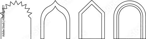 Set of four distinct outline arches: pointed, ogival, angular, and rounded, on white