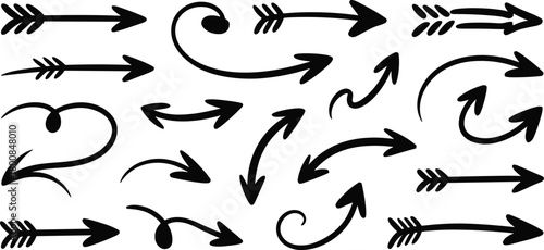 Hand drawn doodle arrow set: various vector pointers for design and creative use.