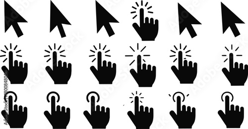 Modern digital interface pointers: varied mouse arrow and hand click icon collection