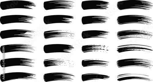 Set of hand-drawn black paint brush strokes with grunge texture on clean white background