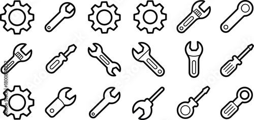 Collection of outlined wrench, gear, and screwdriver tools for repair and maintenance icons.