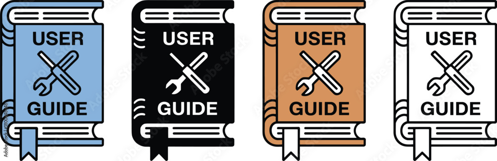 Fototapeta premium User guide book icons with wrench and screwdriver for setup, service, and help documentation
