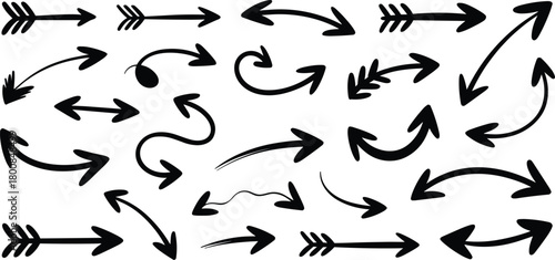 Hand drawn doodle arrows set pointing various directions for navigation and design