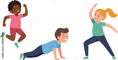 Three cartoon children engaging in various exercise poses against a clean white background with a playful and energetic mood.