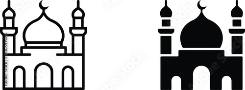 Mosque building icon set: traditional islamic house of worship symbol, line and solid versions