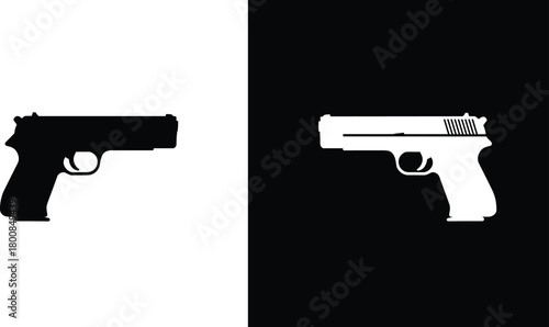 Pistol silhouette vector illustration, black and white handgun symbol, firearm icon design for security, defense, weapon concept, and law enforcement graphics