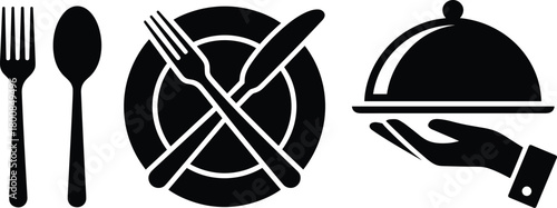 Restaurant dining service icons: cutlery set, plate, and hand with cloche, graphic design