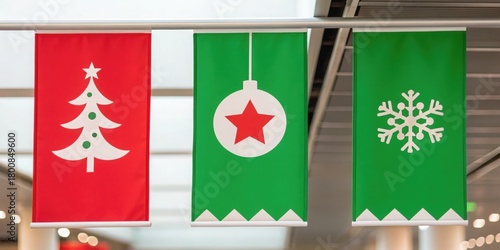 Christmas Festival Banners featuring Christmas symbols: a tree, ornament, and snowflake in festive colors.