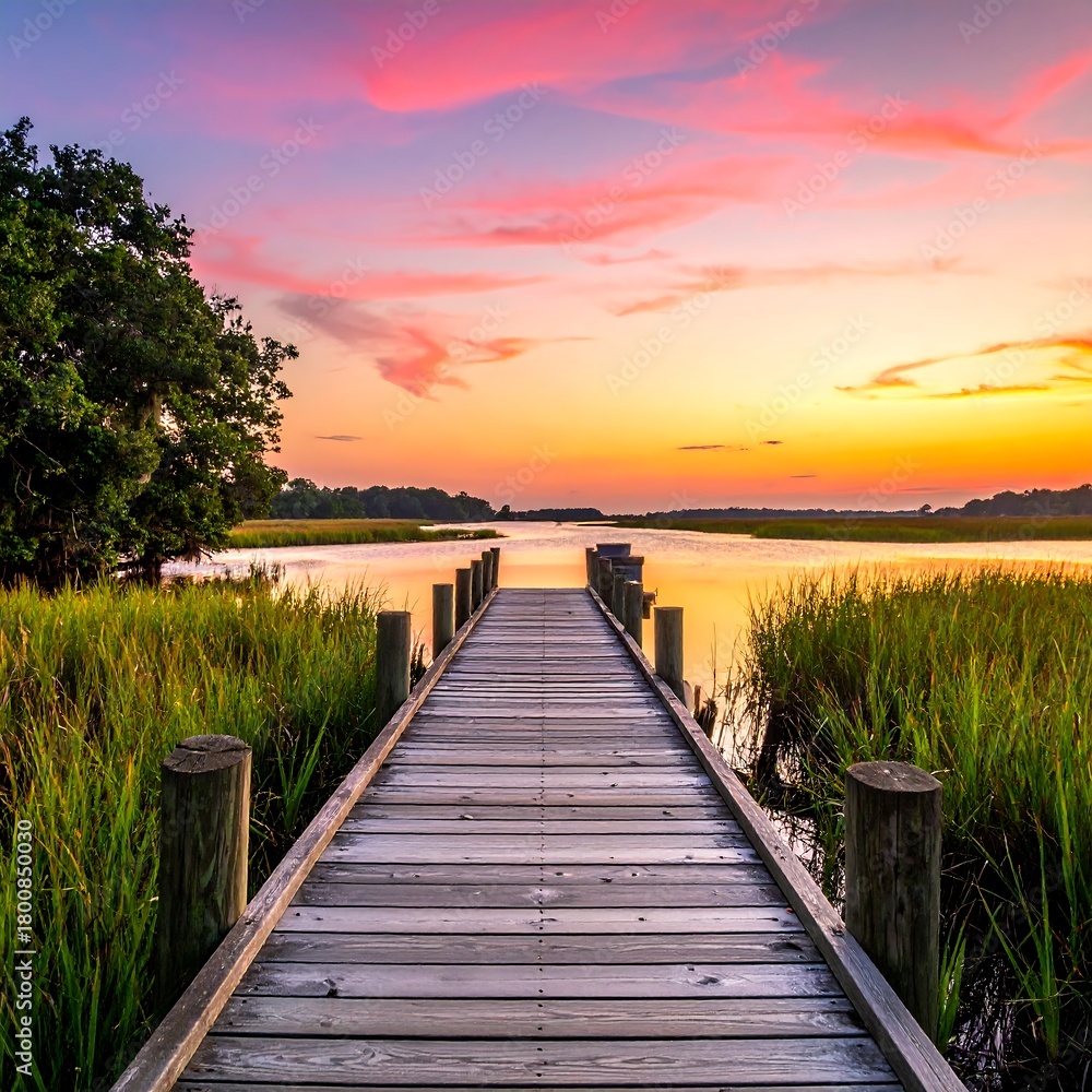 Obraz premium A picturesque sunset illuminates a wooden dock over a calm body of water