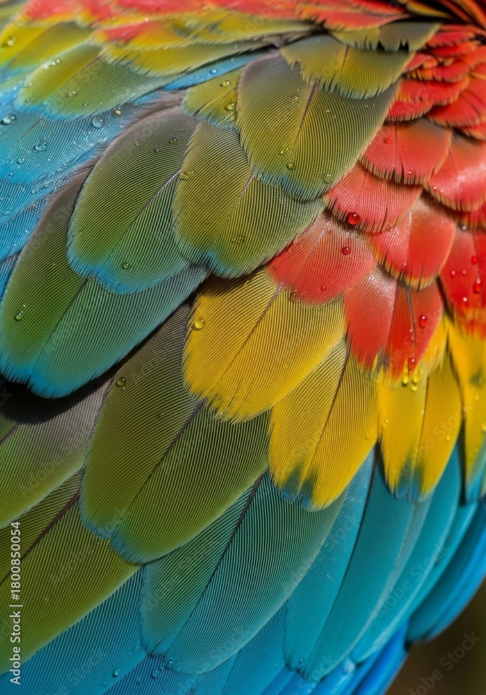 Obraz premium Macaw Feathers in Vibrant Color - A close-up of macaw feathers displaying a spectrum of colors symbolizing beauty,nature, vibrancy, diversity, and texture