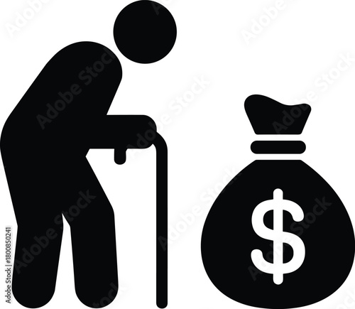 Elderly person with cane next to money bag icon symbolizing retirement savings and pension