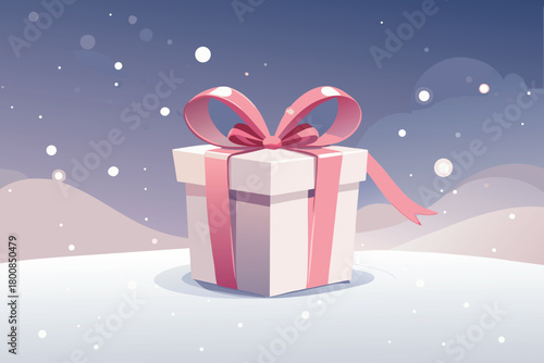 A beautifully wrapped gift with a pink ribbon sits in a winter landscape