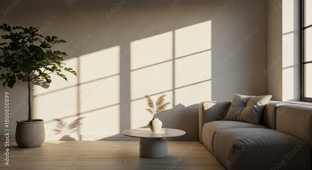 Fototapeta premium Minimalist Interior with Sunlight - A bright, minimalist interior featuring a couch, table, plant, and sunlight streaming through a window