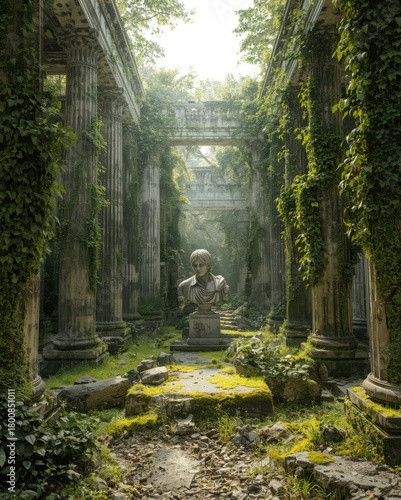 Fototapeta Naklejka Na Ścianę i Meble -  Ancient ruins overgrown with lush green vegetation and a classical bust statue centered within