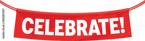 A red banner with the word celebrate in white hanging on two strings high-quality editable EPS vector file