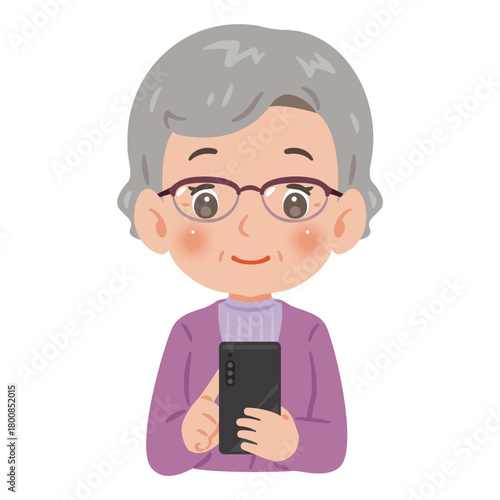 スマートフォンを操作するシニア女性　上半身イラスト／Upper Body Illustration of Senior Woman Using Smartphone
