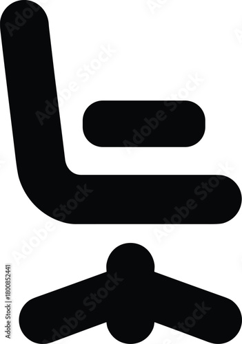 Minimalist black icon of an office chair with armrest and swivel base on white background
