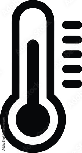 Vector black thermometer icon showing high temperature measurement with scale for weather and fever