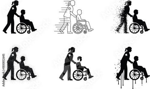 Wheelchair assistance in six artistic styles, silhouette, motion lines, particle dissolve, grayscale shading, dripping effect, medical care, disability support, creative illustration