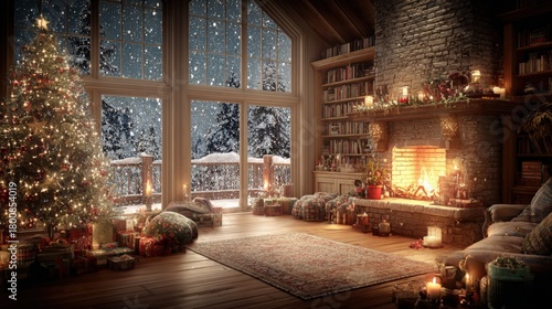 Cozy Christmas Living Room with Decorated Tree, Fireplace, and Snowy Window View at Night