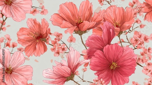 A vibrant floral pattern with pink and red flowers and green leaves on a light background, with a subtle gradient effect.