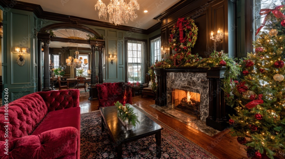 Obraz premium Elegant Christmas living room interior design with fireplace, holiday decorations, red sofa, and classic architecture