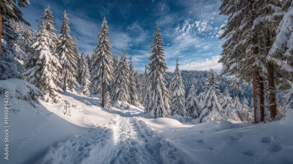Obraz premium Snowy Winter Forest Path: Serene Landscape with Evergreen Trees and Blue Sky, Perfect for Holiday Themes