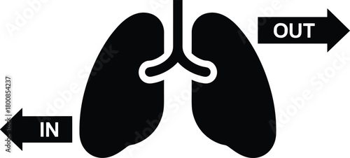 Lungs with 'in' and 'out' arrows illustrating the concept of human respiration or breathing