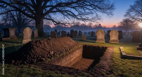 Open Grave in Cemetery at Dusk - An open grave in a graveyard at twilight, with headstones and a bare tree in the background
