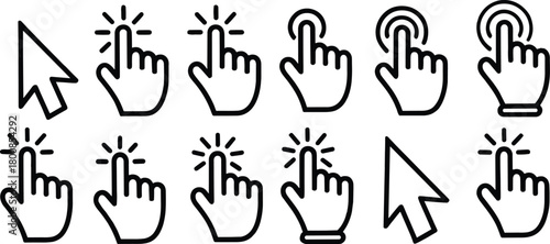 Mouse cursor click icon set. hand pointer tap selection arrow line art user interface elements.