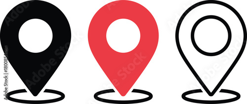 Location pin icon set with solid black, vibrant red, and outline styles for map navigation