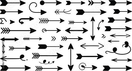Diverse hand drawn black arrow icons set, various directions for ui design elements