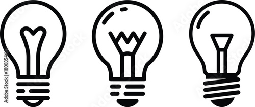 Outline light bulb icons symbolizing bright ideas, creative thinking, inspiration, and energy.