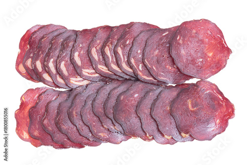 Delicious raw cured sausage isolate. Food, meat sausage.