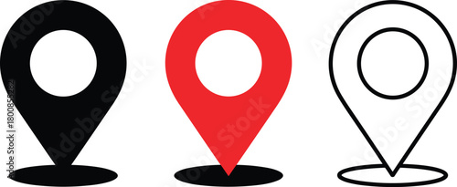 Location pin icons set featuring black solid, red solid, and outline styles for map applications.