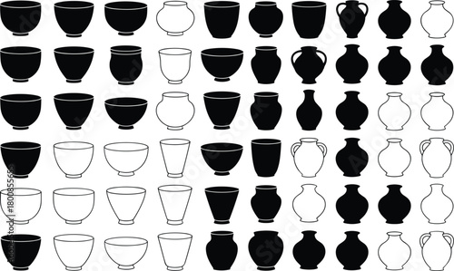 Black and white vector silhouettes of ancient and modern ceramic pottery: various vases, bowls, and cups, isolated set design