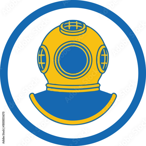 Yellow and blue diving helmet in a circular frame, perfect for scuba diving websites, adventure blogs, underwater activities, and marinethemed designs.
