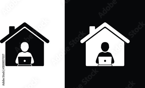 Remote work from home icon silhouette, freelancer using laptop inside house, online job concept, digital workspace vector, technology and productivity illustration