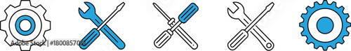 Assorted tool and settings icons featuring wrenches, screwdrivers, and gears, blue line art style.
