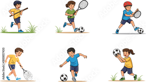 Children playing sports, soccer, tennis, baseball, active kids, healthy lifestyle, outdoor activity, fun sports, and fitness illustration.