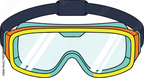 Swimming goggles  yellow, orange, blue design. Suitable for sports, leisure, summer, waterthemed designs, and swimwear products.