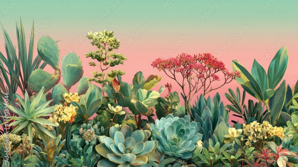 Fototapeta premium A vibrant, colorful succulent garden with a gradient background, featuring a variety of plants and flowers in shades of green, pink, and blue.