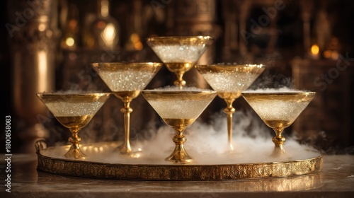 A set of gold champagne glasses with glittery liquid, placed on a gold tray with a dark, blurred background.
